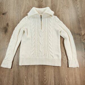 L.L. Bean Double L Cable Knit Quarter Zip Sweater - Cream / White - Small - EUC